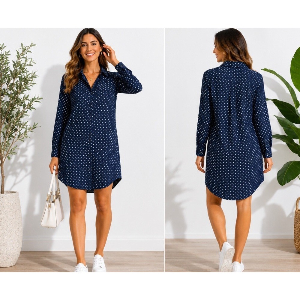 CHLOE' Navy Blue And White Polka Dot Shirt Dress Summer wear Luxury Shirt Dress